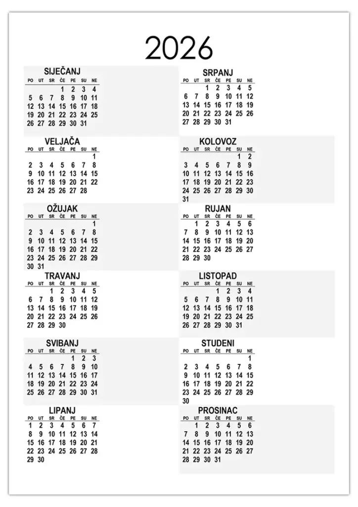 Kalendar 2026 Kalendari su